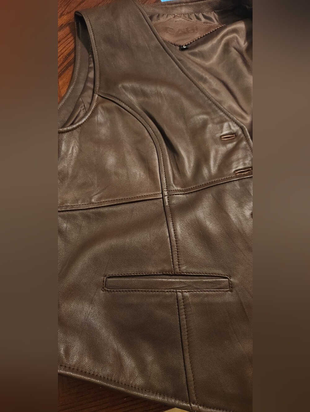 CAbi Chocolate Brown Genuine Leather "Western Tailored" Vest. Size -L - Picture 7 of 9